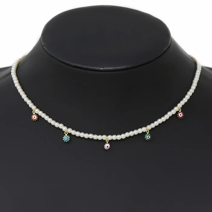 Evil Eye Charm Pearl Beaded Necklace