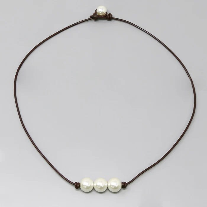 Triple Pearl Pendant Leather Cord Necklace