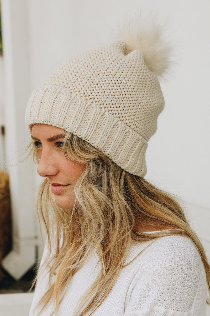 pom beanie with sherpa lining