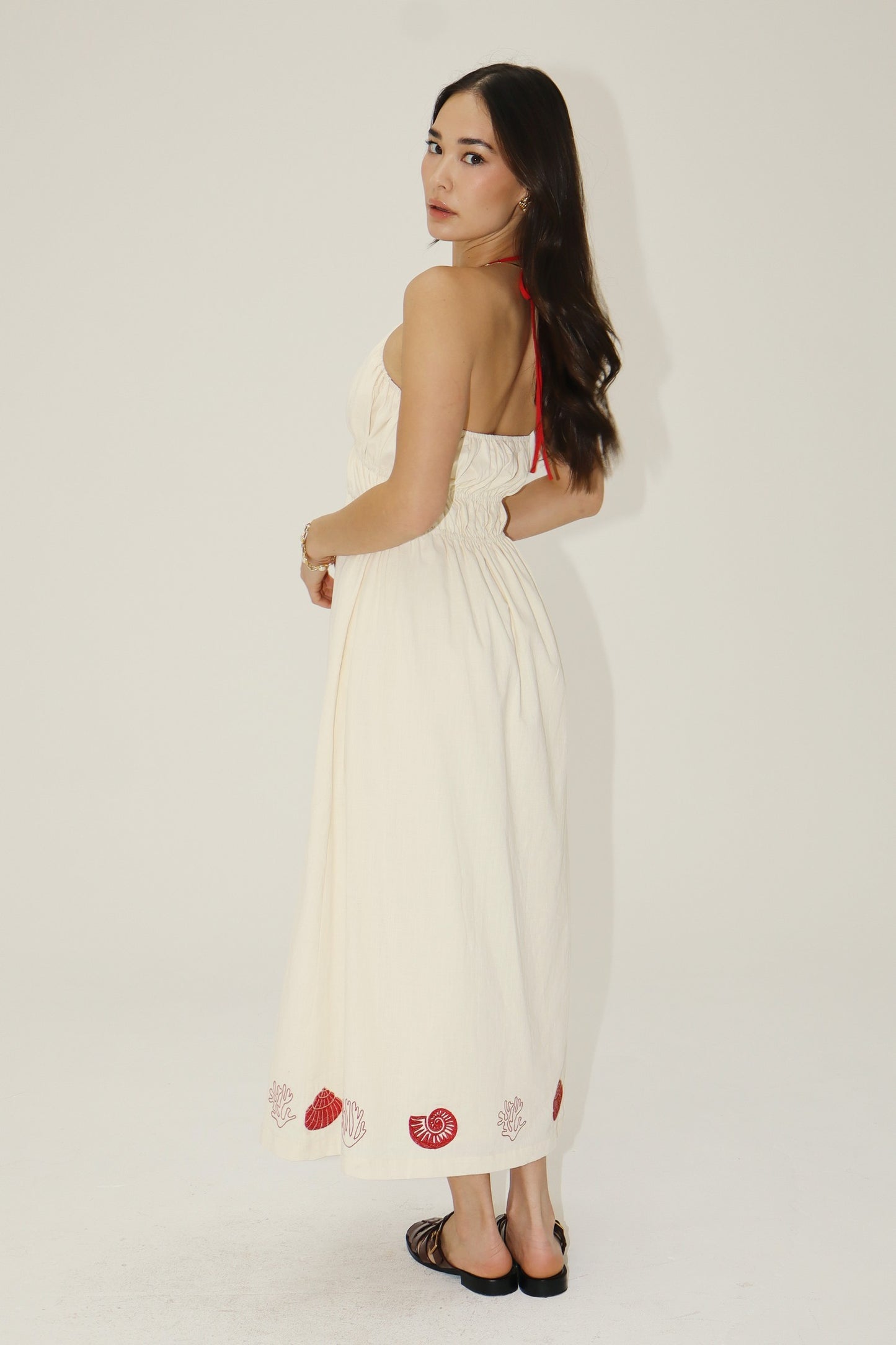 seashell embroidered hem halter dress