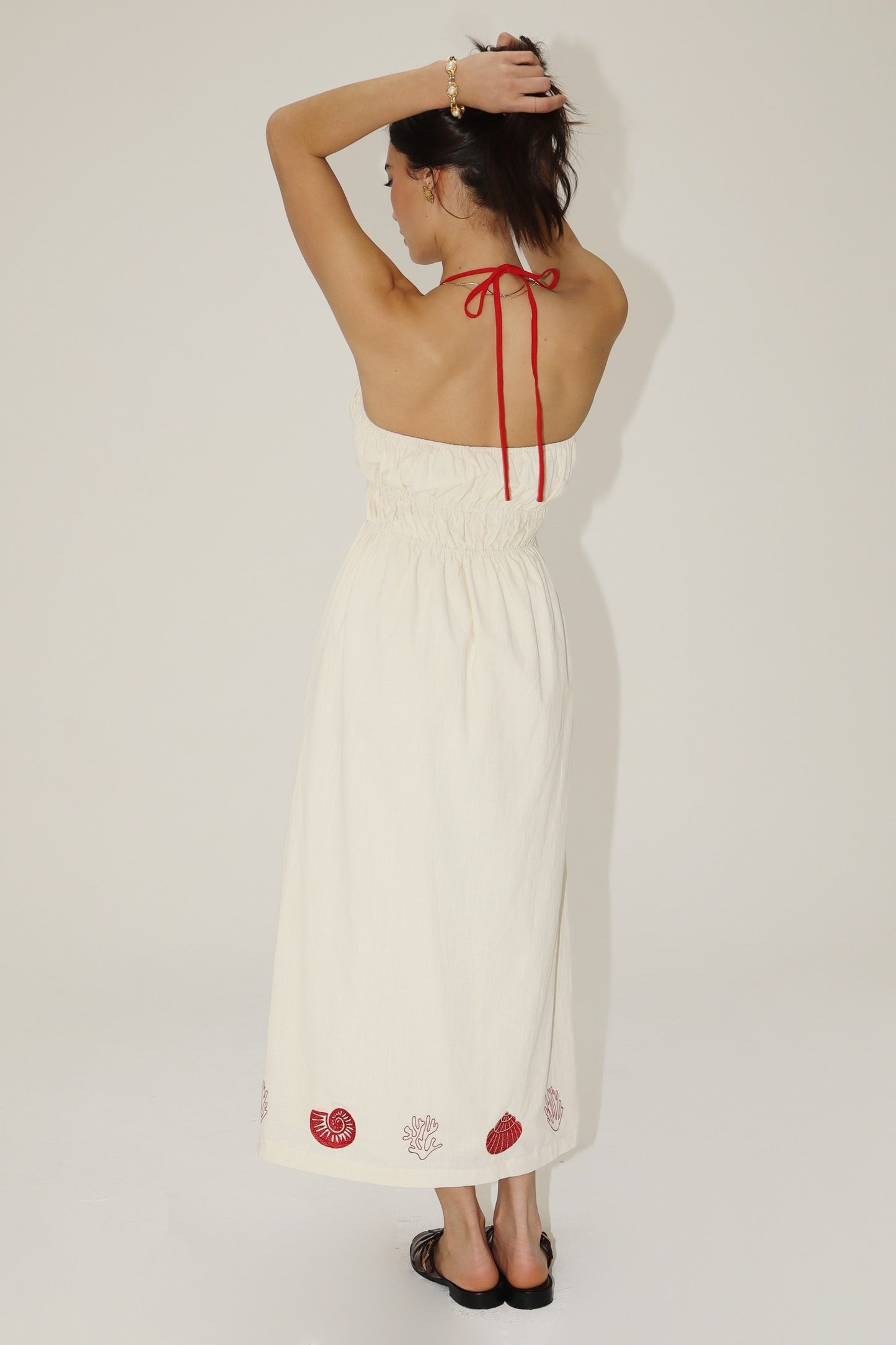 seashell embroidered hem halter dress