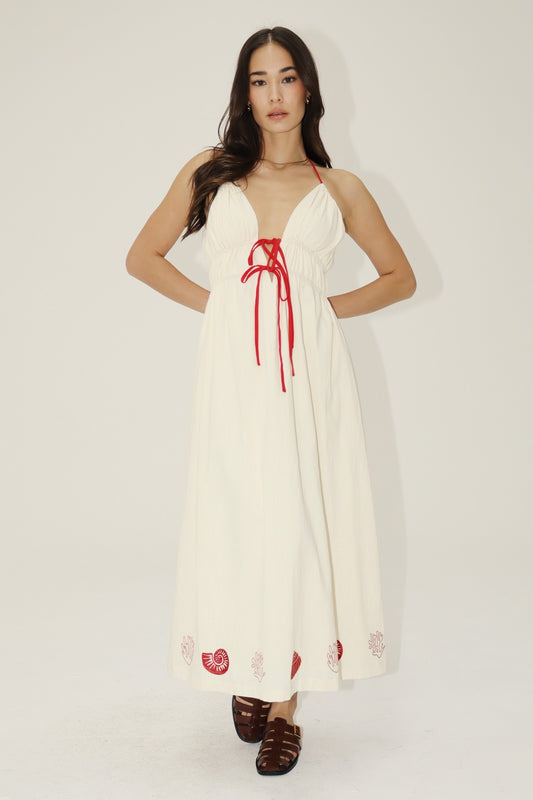 seashell embroidered hem halter dress