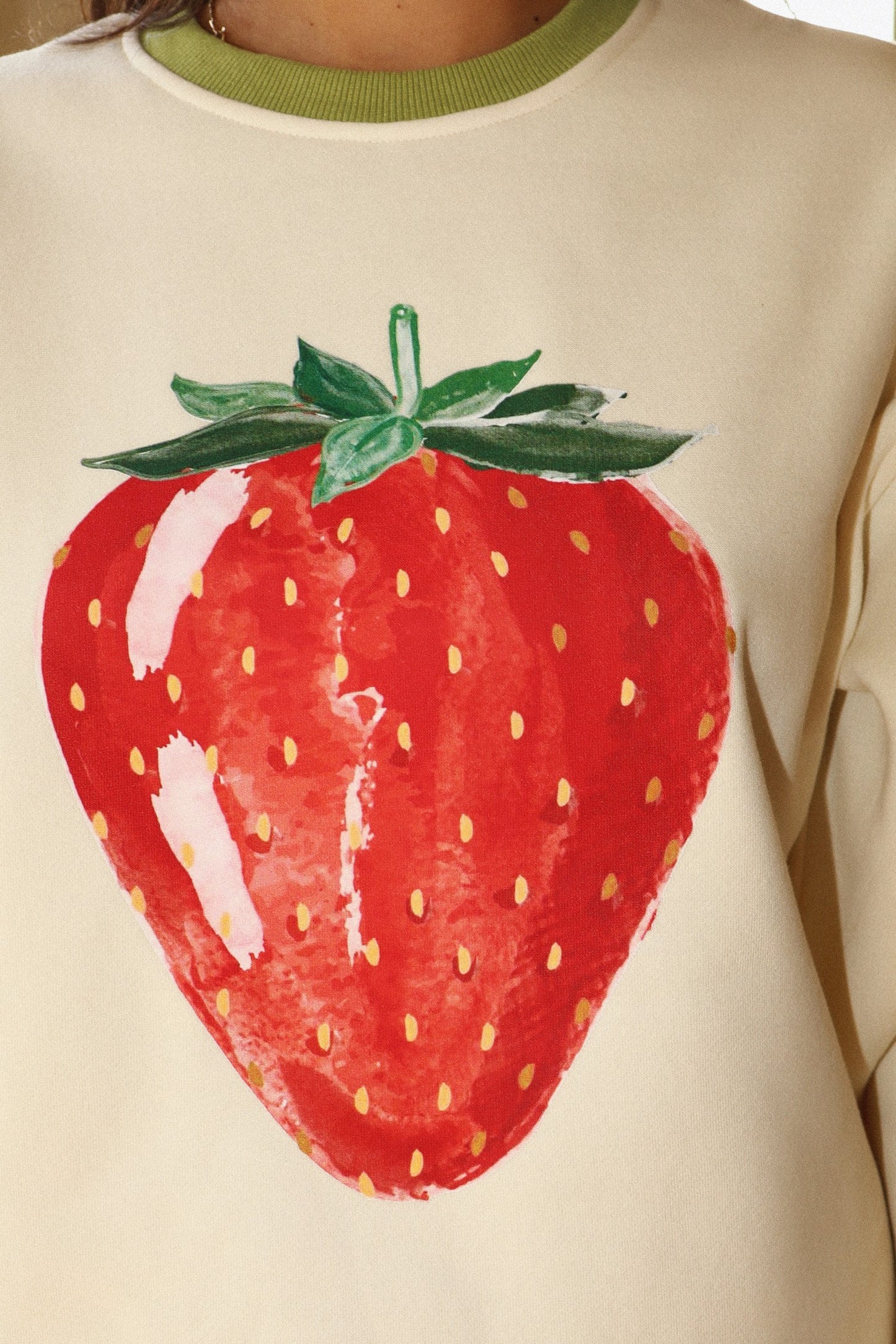 strawberry printed sweatshirt with ribbon trim