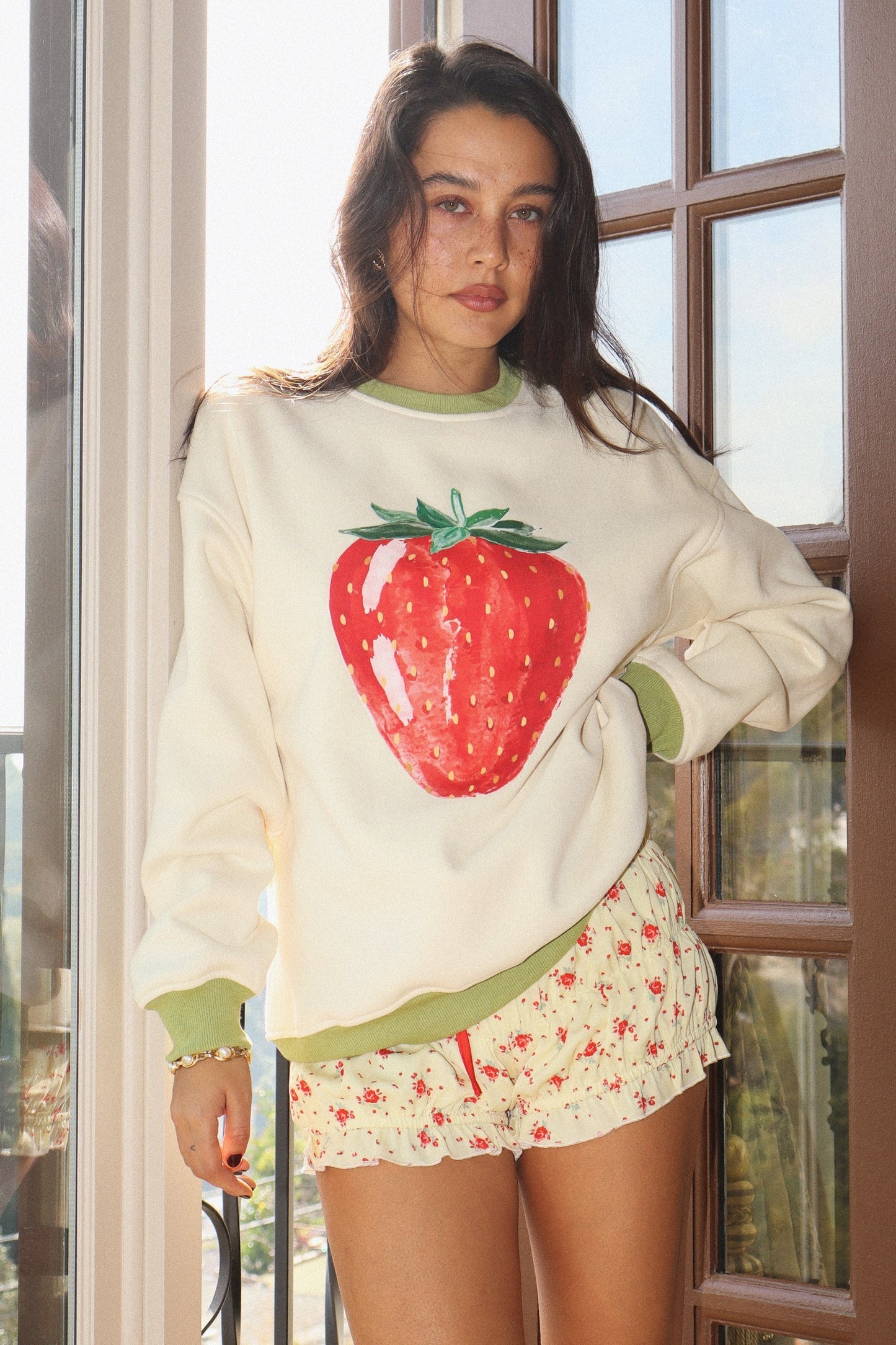 strawberry printed sweatshirt with ribbon trim