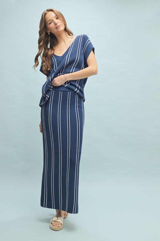 striped knit midi skirt with side slit