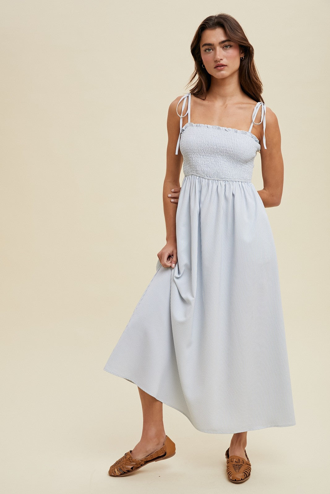 striped tie shoulder strap maxi dress