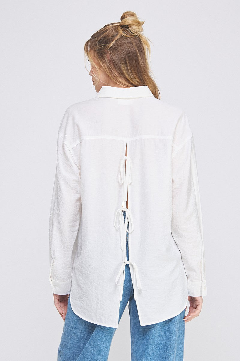 textured woven button up shirt w/ back ties
