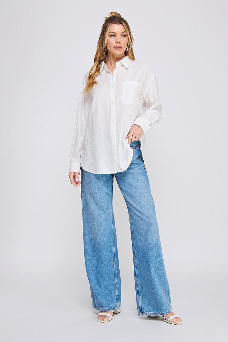 textured woven button up shirt w/ back ties
