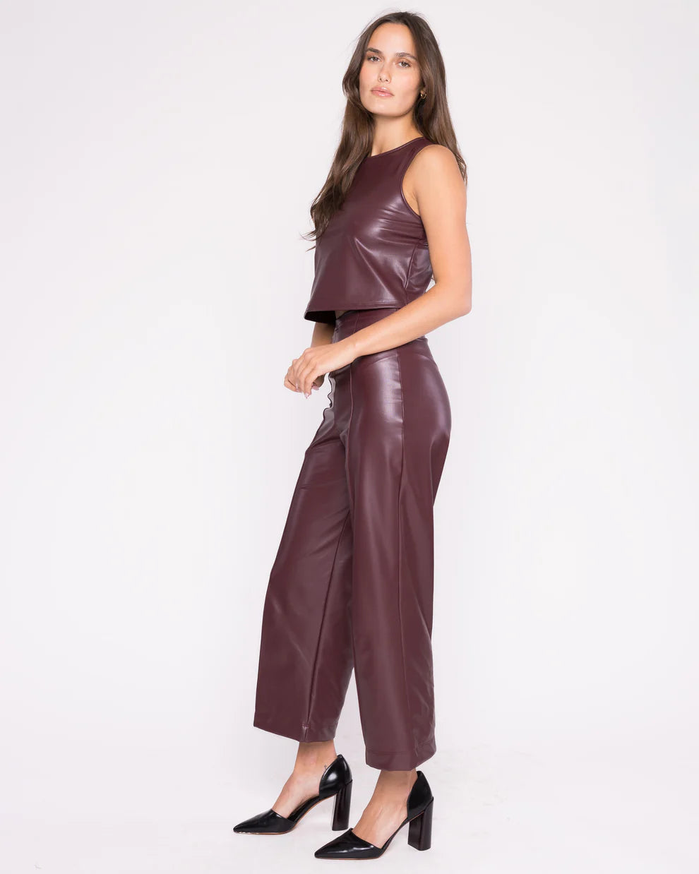 vegan leather straight leg pant-cropped