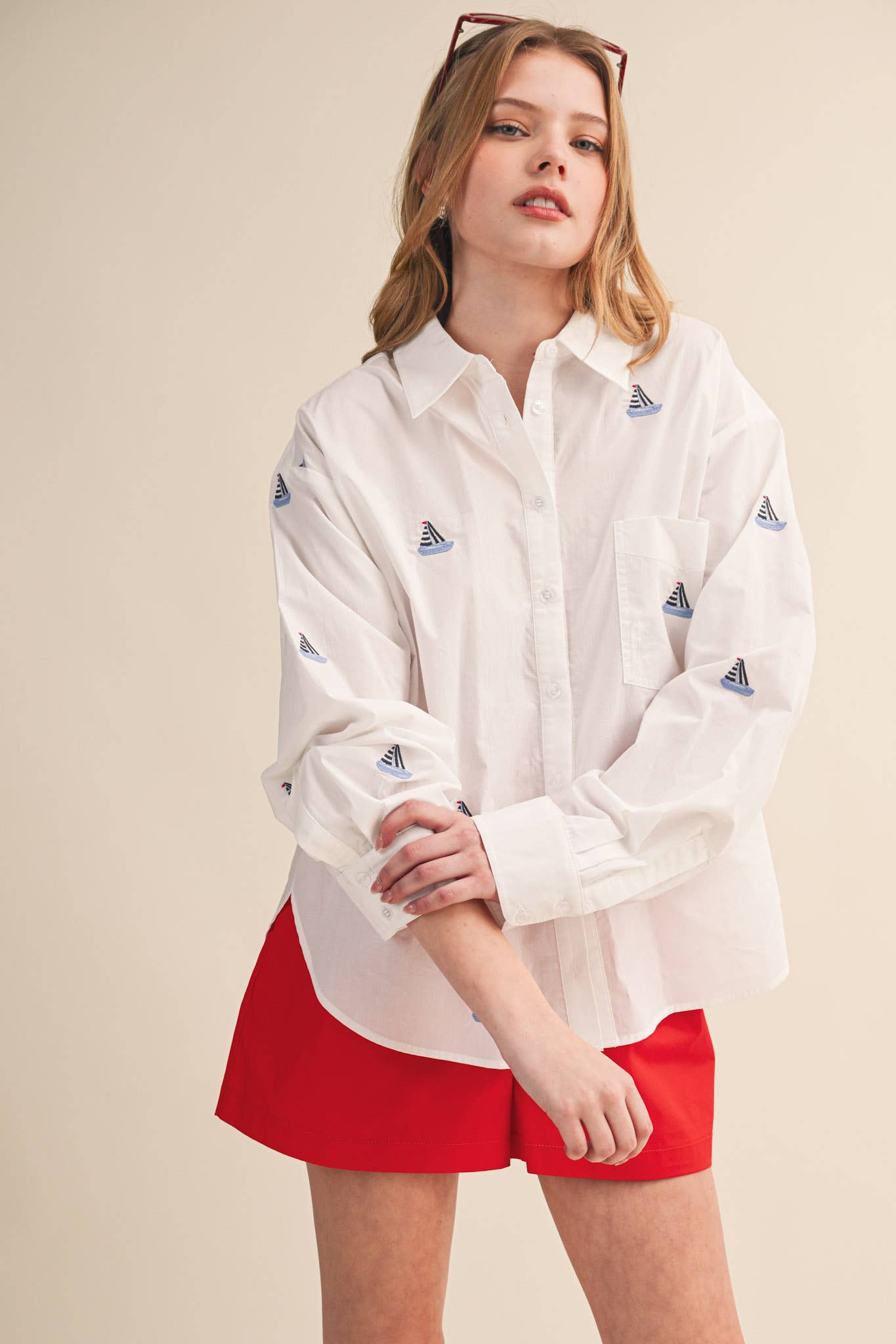 Sailboat Embroidered Button Down Shirt