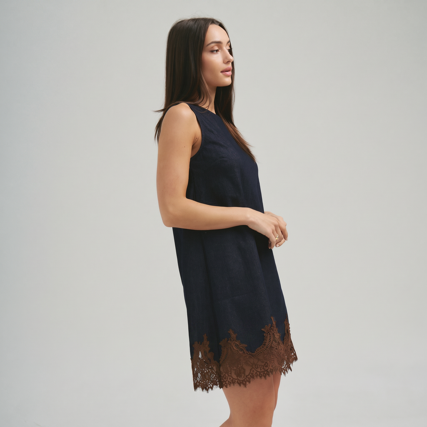 Lace trimmed denim mini dress