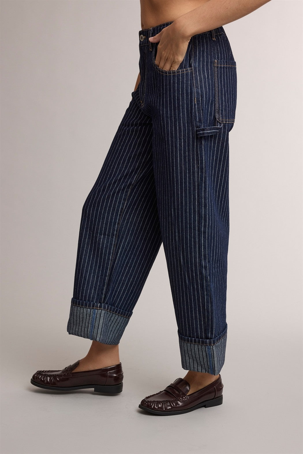 posie pinstripe wide leg cuff denim
