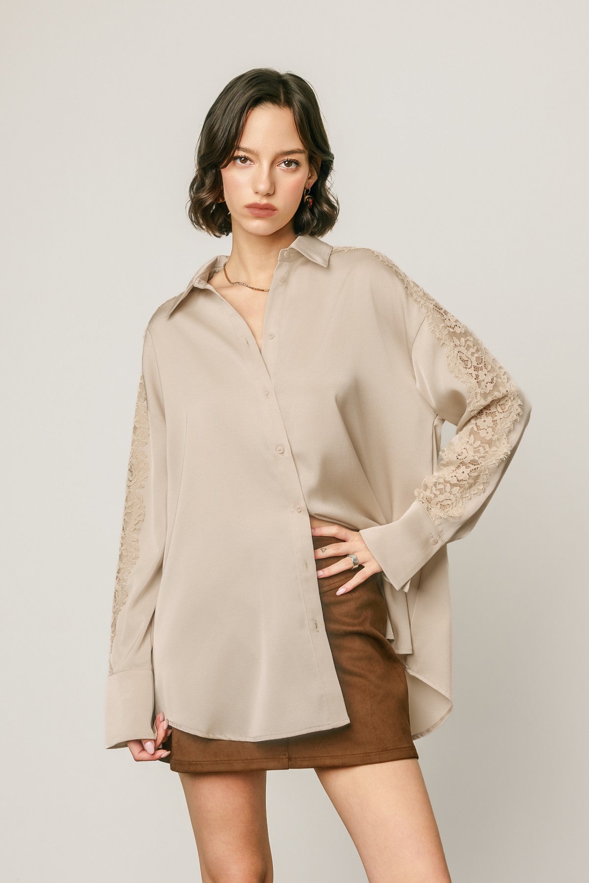 loreli lace sleeve satin oversized shirt
