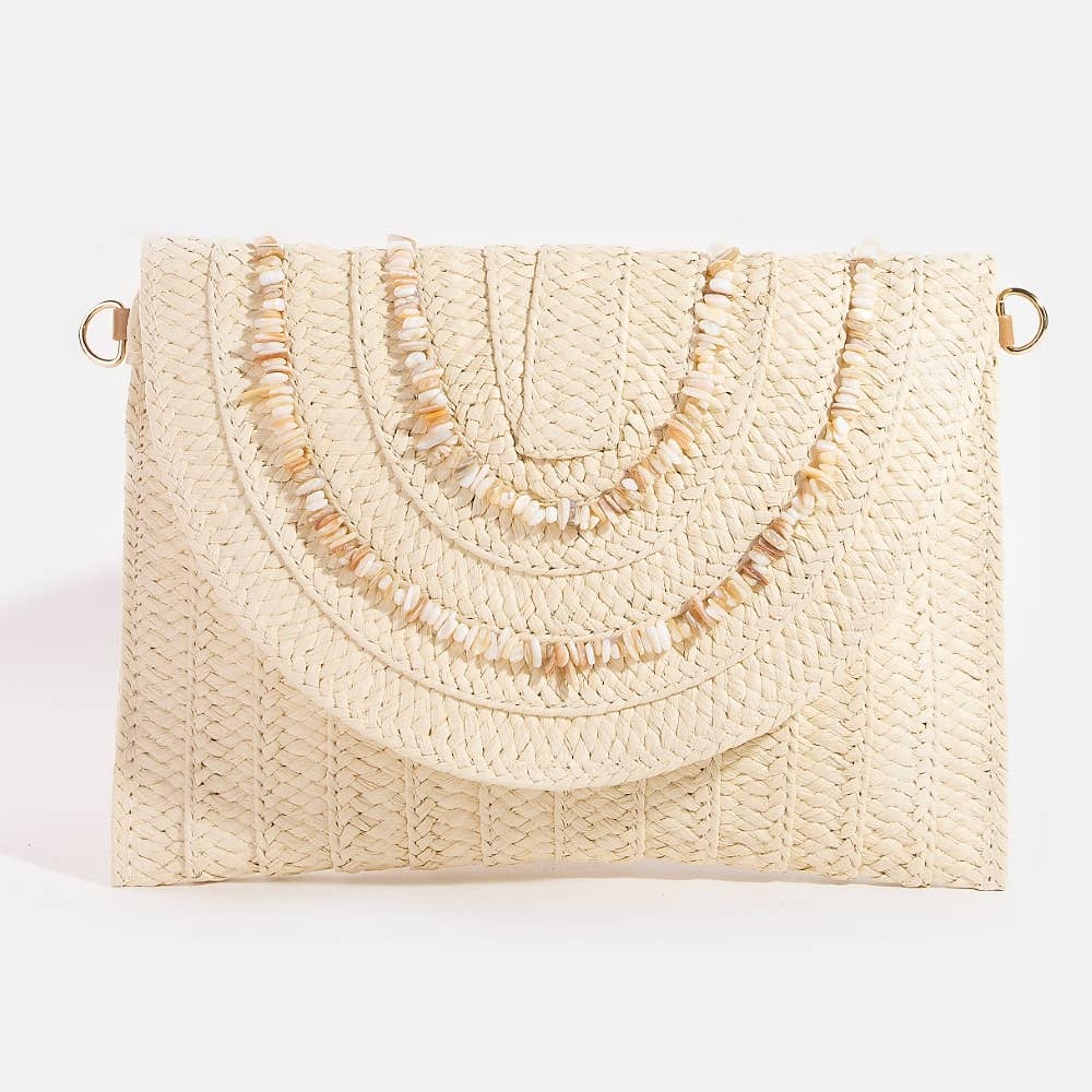 Shell Beaded Accent Paper Woven Envelope Clutch Bag