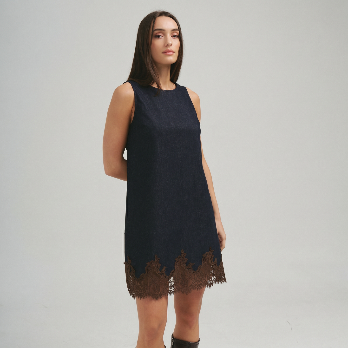 Lace trimmed denim mini dress