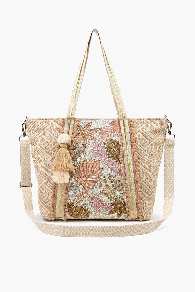 boho beaded medium tote with bag strap