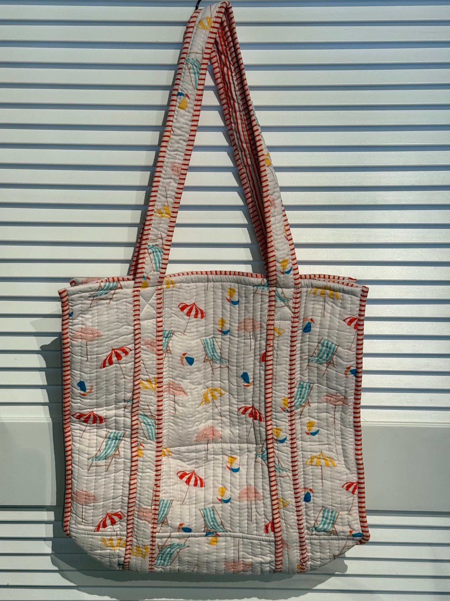 Beach scene printed reversible tote