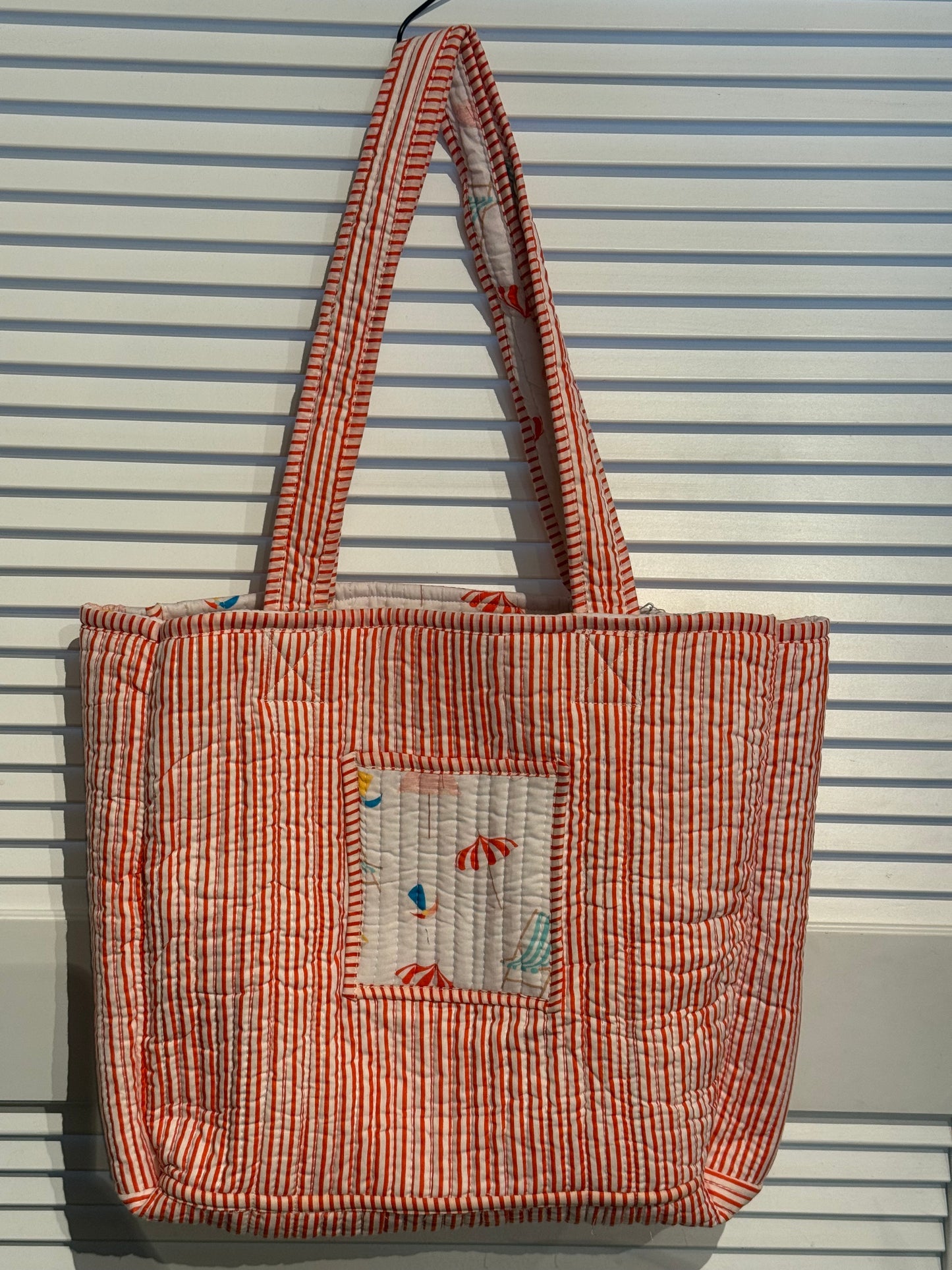 Beach scene printed reversible tote