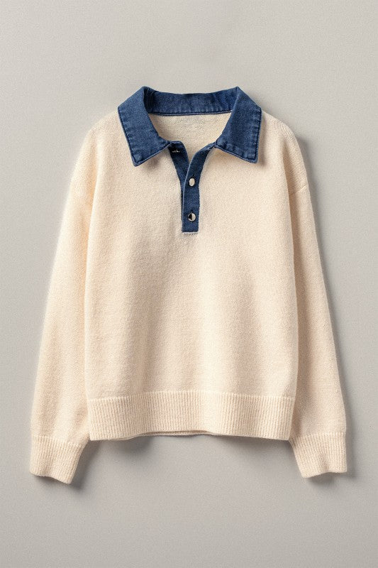 Contrast Denim Collar Knit Pullover