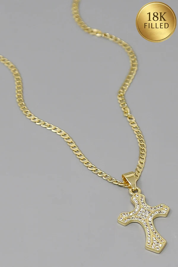 Pave Cross Pendant Gold Filled Curb Chain Necklace
