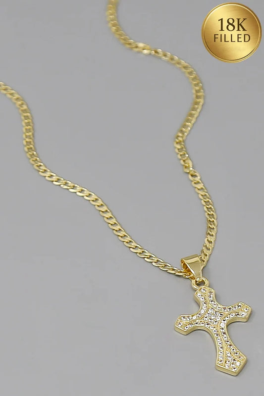 Pave Cross Pendant Gold Filled Curb Chain Necklace