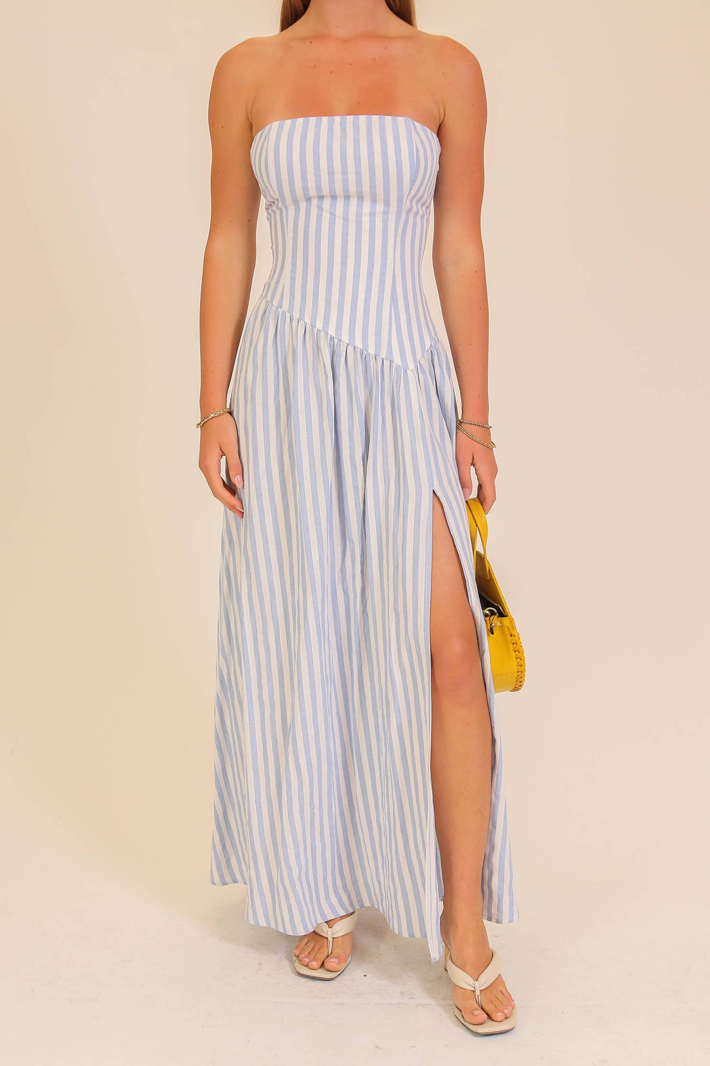 Seaside Striped Strapless Side Slit Maxi Dress