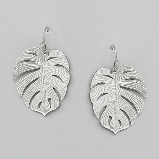 tropical leaf textured metal earrings
