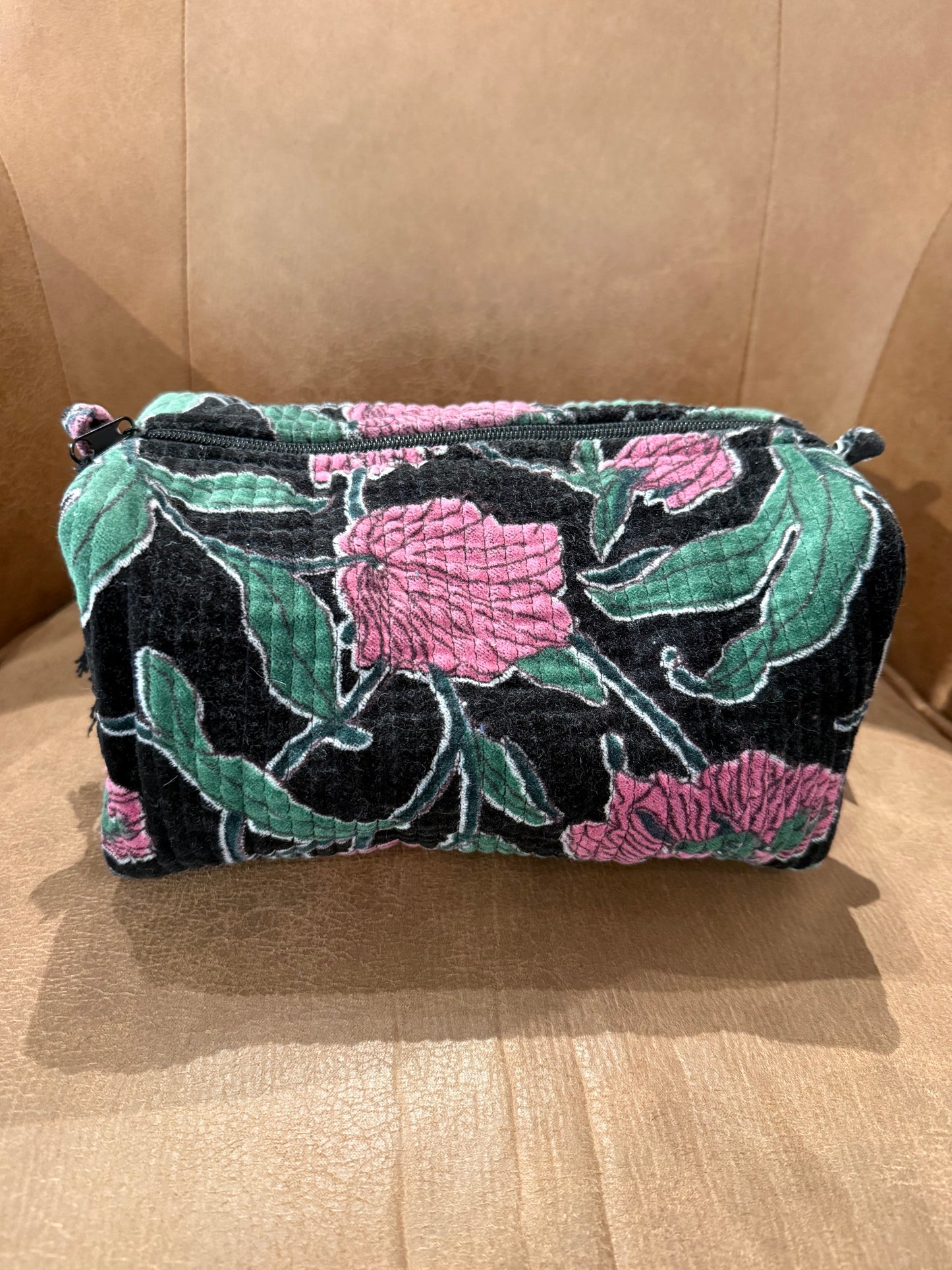 Black/green floral printed velvet pouch