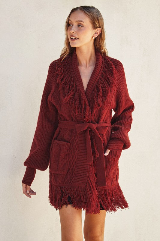 Cable Detail Fringe Long Cardigan