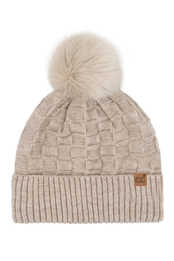 Checkered Texture Pom Beanie
