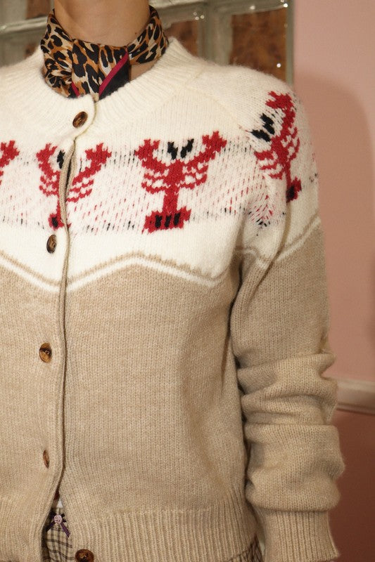 Lobster Knit Two Tone Button Up Cardigan
