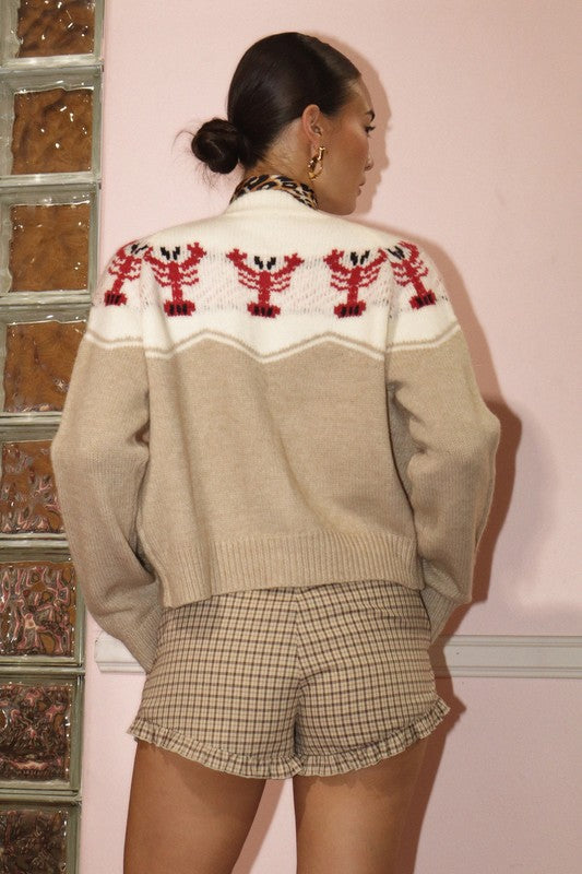 Lobster Knit Two Tone Button Up Cardigan