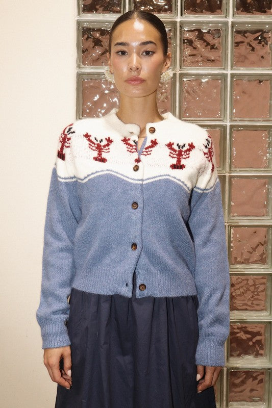 Lobster Knit Two Tone Button Up Cardigan