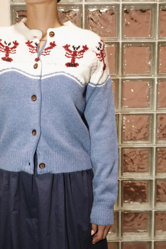 Lobster Knit Two Tone Button Up Cardigan