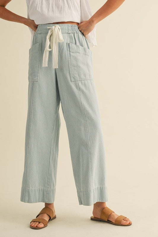 Pinstripe Wide Leg Drawstring Pants - Cropped
