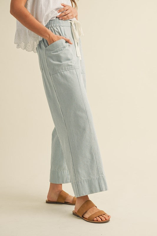 Pinstripe Wide Leg Drawstring Pants - Cropped