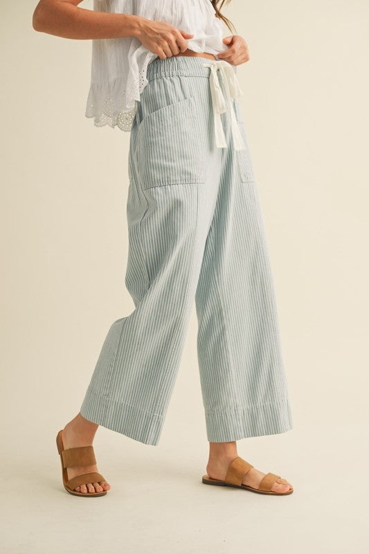 Pinstripe Wide Leg Drawstring Pants - Cropped