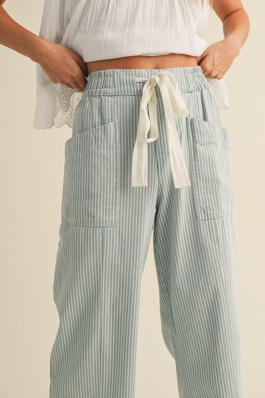 Pinstripe Wide Leg Drawstring Pants - Cropped