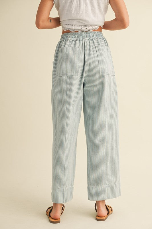Pinstripe Wide Leg Drawstring Pants - Cropped