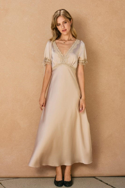 Satin Lace Trim Plunging Midi Dress