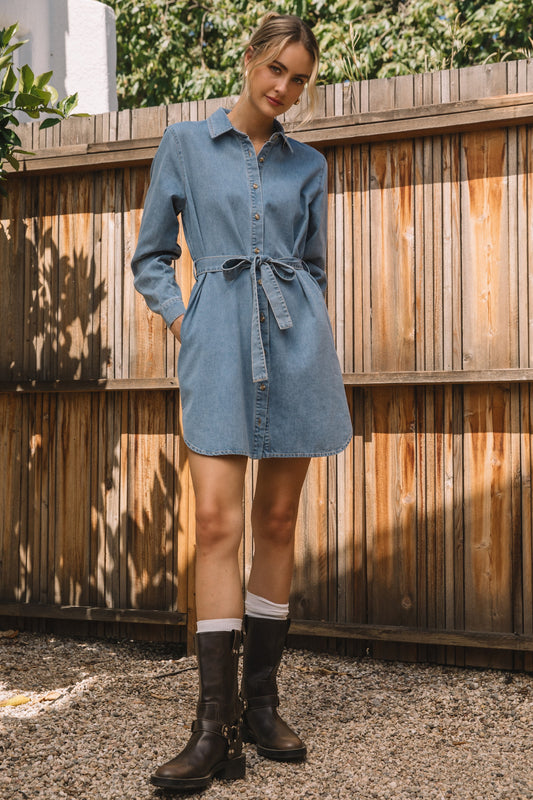 Washed Denim Button Down Mini Dress