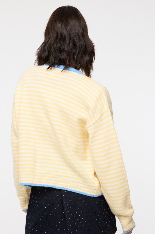 Contrast Trim Striped Button-up Cardigan