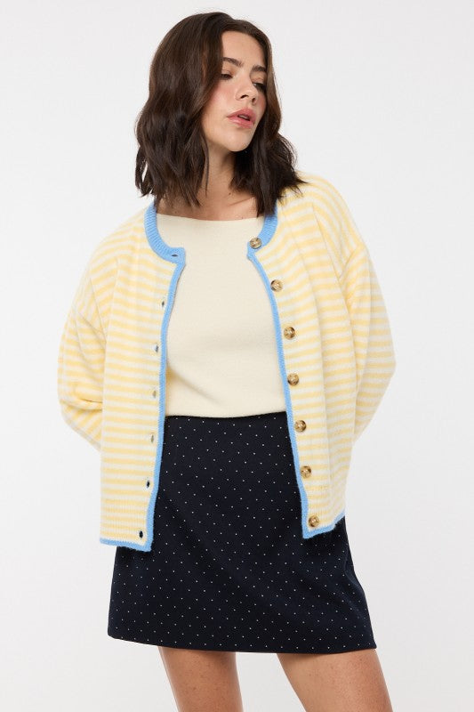 Contrast Trim Striped Button-up Cardigan
