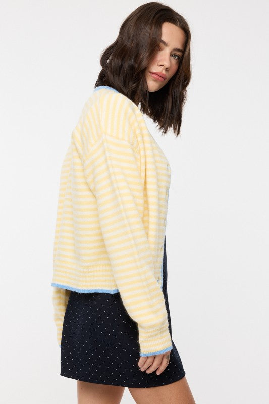 Contrast Trim Striped Button-up Cardigan