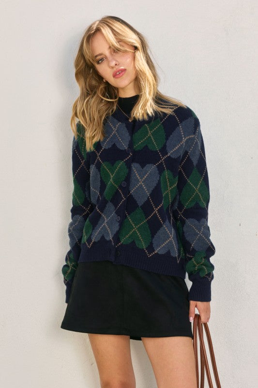 Working Heart Argyle Button Down Cardigan