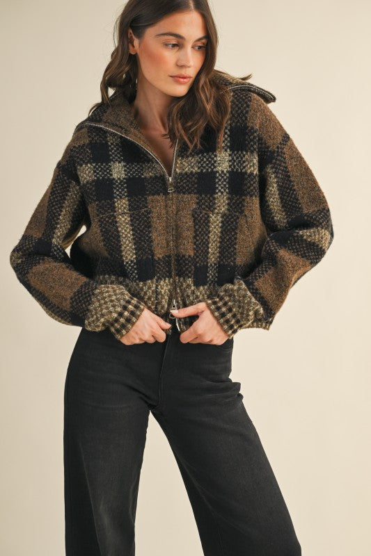 Checkered Fuzzy Sweater Crop Jacket