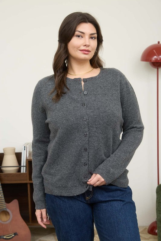 Round Neck Long Sleeve Cardigan - Curvy