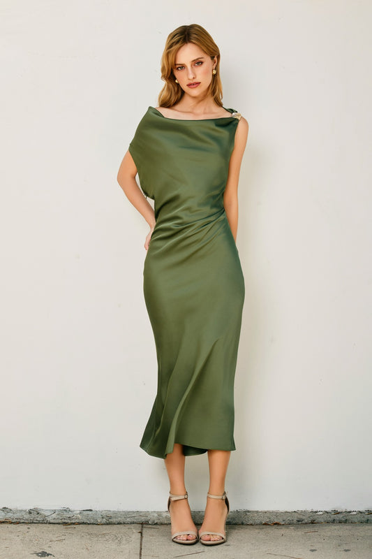 Dull Satin Ruched Midi Dress