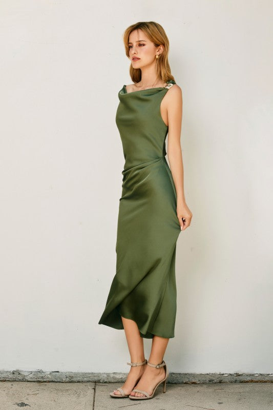 Dull Satin Ruched Midi Dress