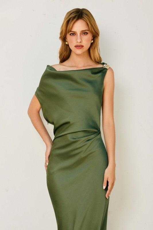 Dull Satin Ruched Midi Dress